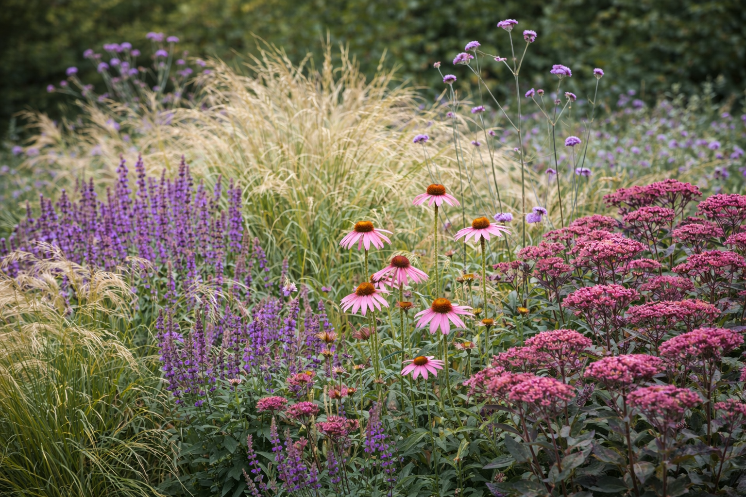 Stipa tenuissima ‘Pony Tails’, Salvia nemorosa ‘Ostfriesland’, Echinacea ‘Prairie Splendor’, Sedum ‘Cherry Chocolate’, Verbena bonariensis