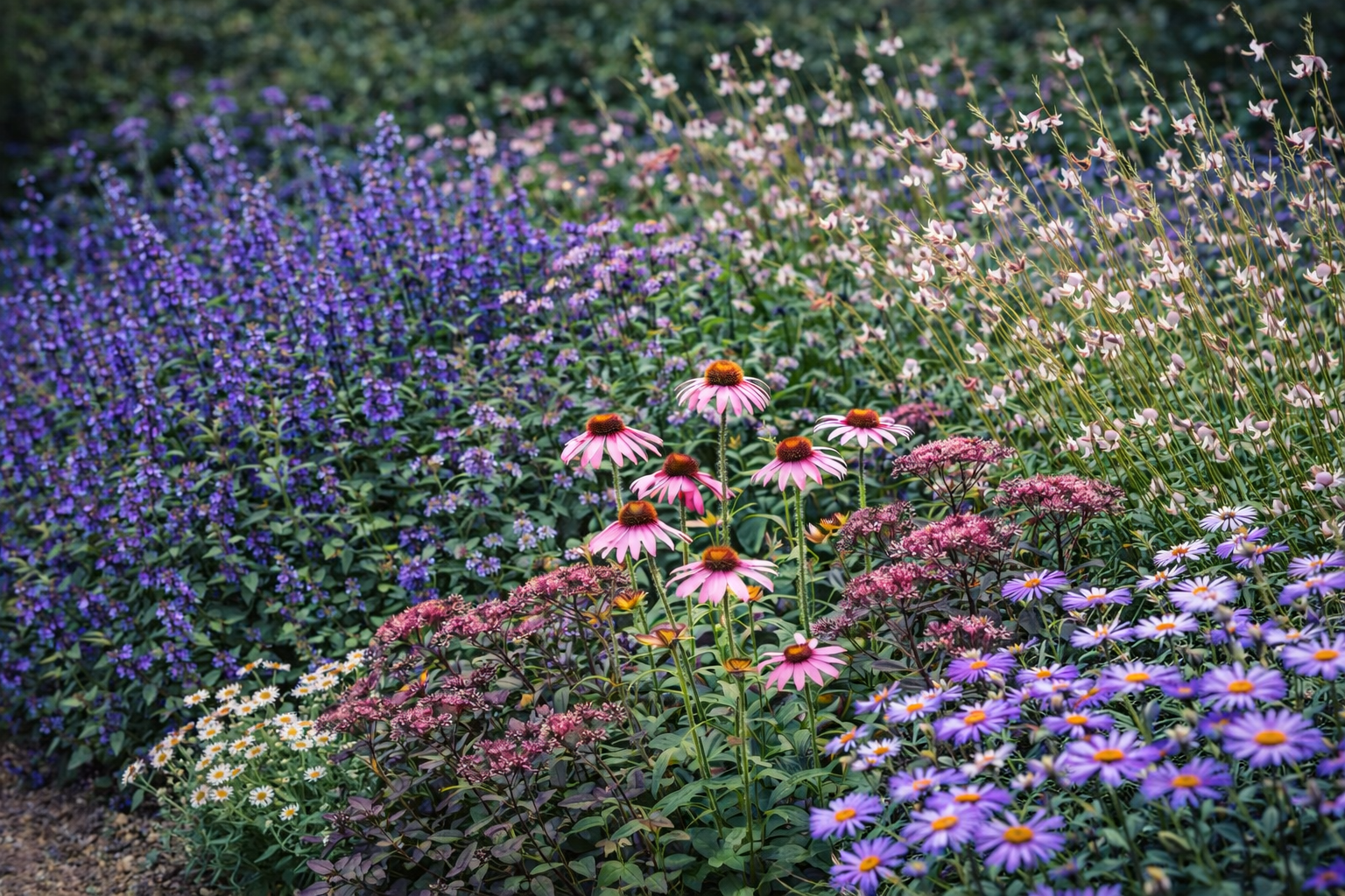 Nepeta × faassenii ‘Six Hills Giant’, Erigeron karvinskianus, Sedum ‘Herbstfreude’, Gaura lindheimeri ‘Whirling Butterflies’, Echinacea ‘PowWow Wild Berry’, Aster dumosus ‘Anneke’