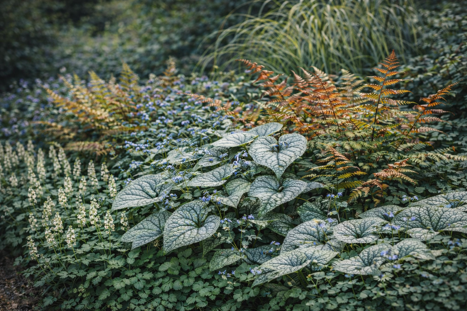 Brunnera macrophylla ‘Jack Frost’, Tiarella wherryi, Dryopteris erythrosora