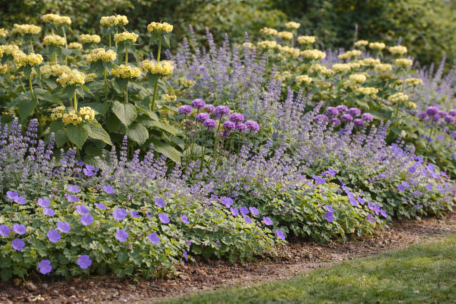 Phlomis russeliana, Geranium 'Rozanne', Allium 'Millennium', Nepeta 'Six Hills Giant'