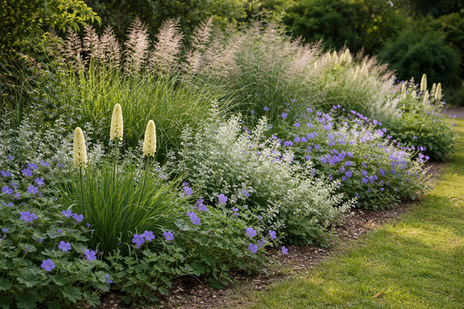 Miscanthus sinensis ‘Kleine Silberspinne’, Calamintha marvelette white, Geranium ‘Rozanne’, Kniphofia ‘Ice Queen’