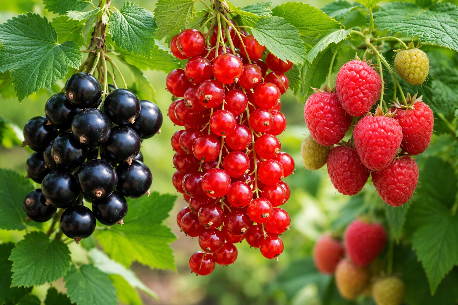 Zwarte bes, rode aalbes, framboos