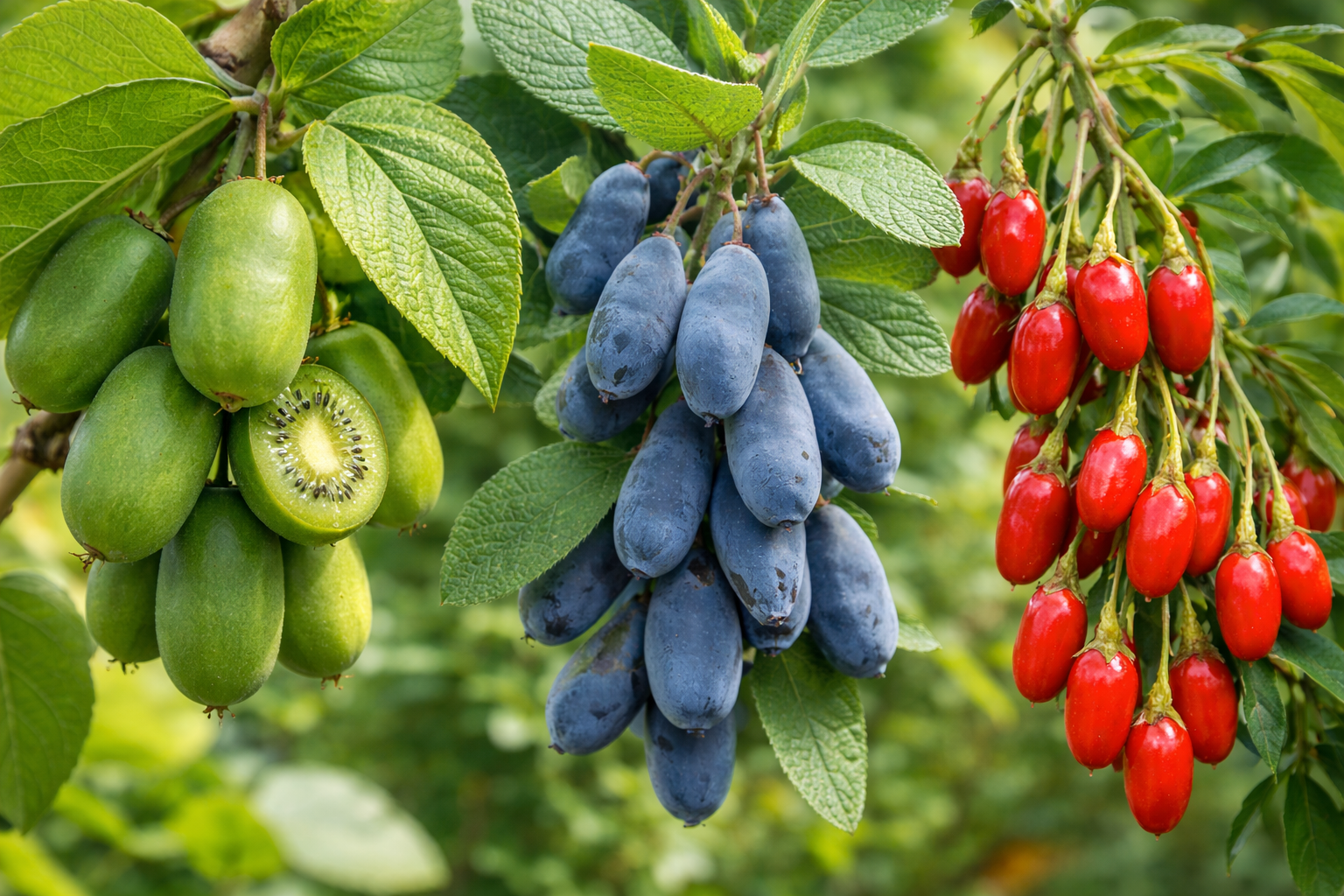 Kiwibes, blauwe honingbes, goji-bes