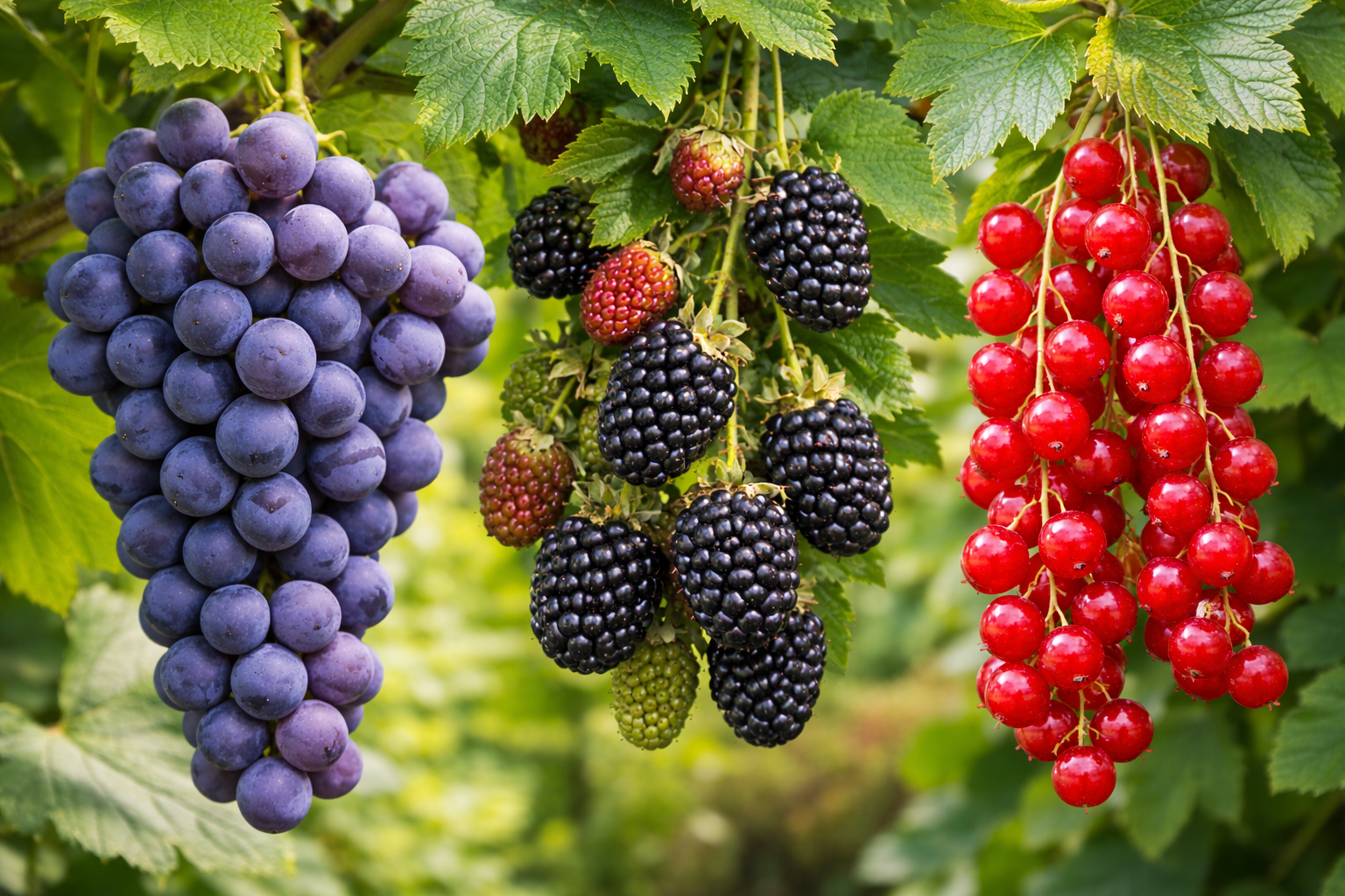 Blauwe druif, doornloze braambes, rode aalbes