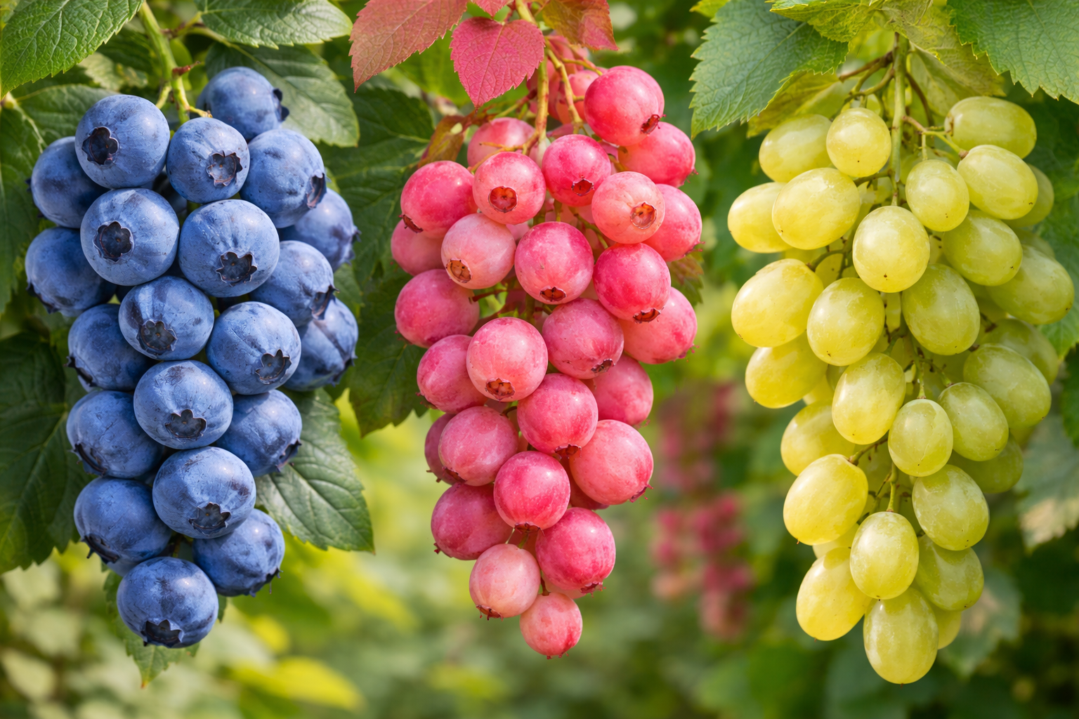 Blauwe bes, roze blauwe bes, witte pitloze druif