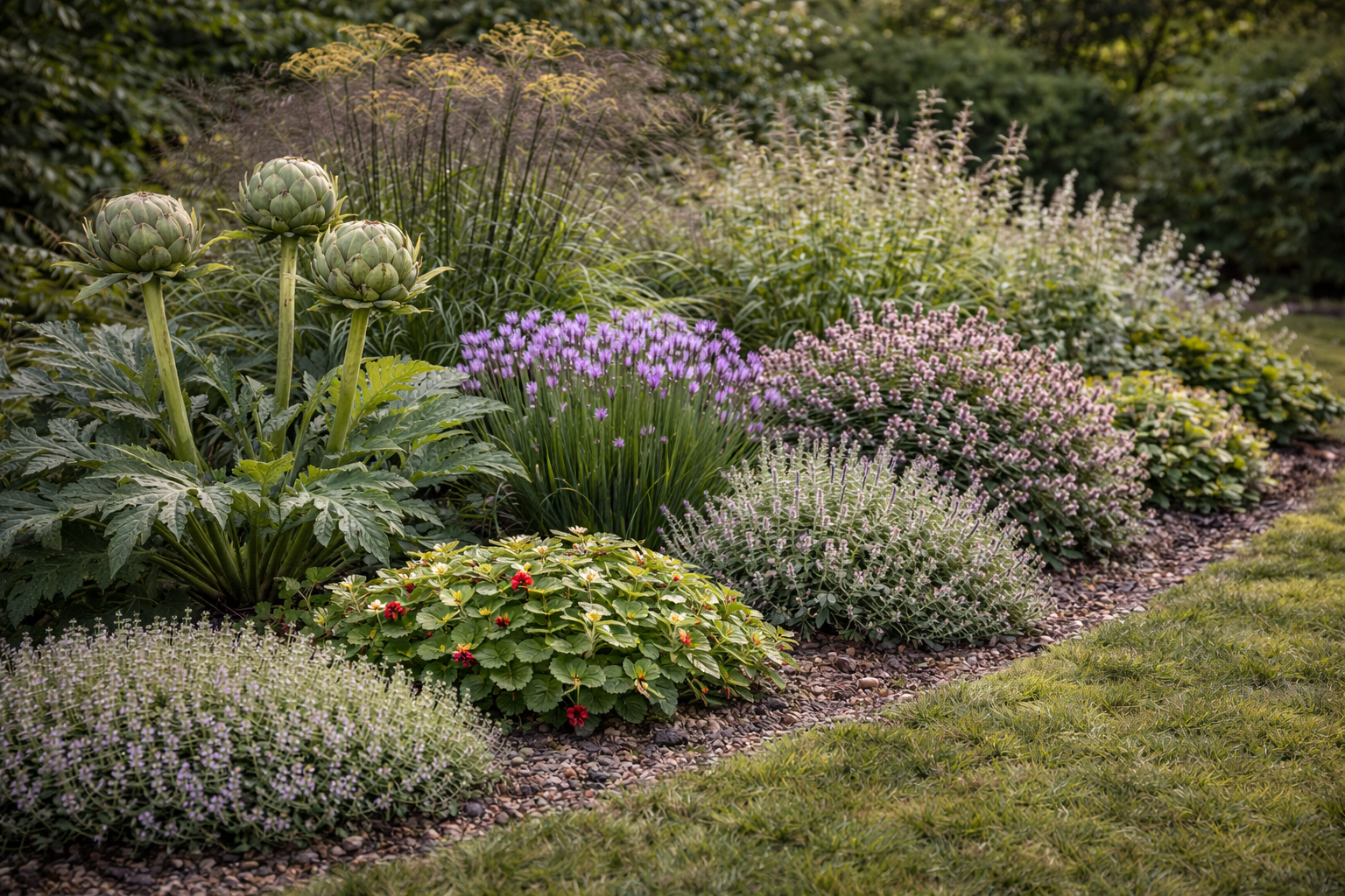 Bronzen venkel, artisjok, bieslook, oregano, salie, bosaardbei, tijm.