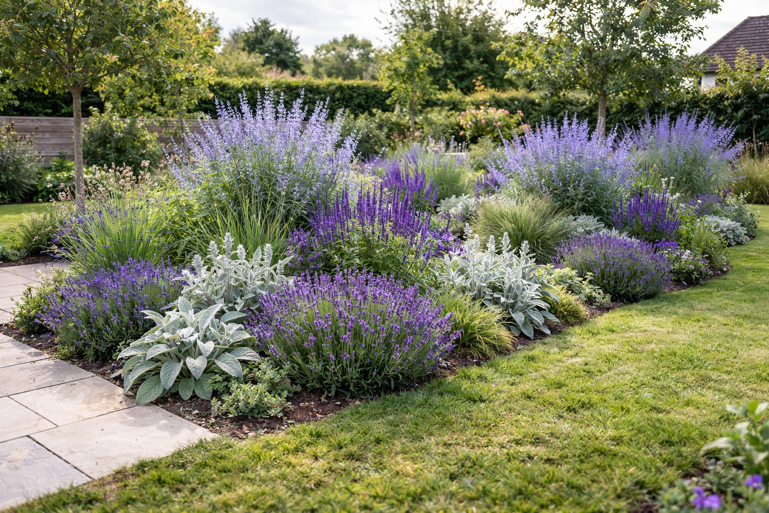 Lavandula angustifolia ‘Hidcote’, Salvia nemorosa ‘Ostfriesland’, Perovskia atriplicifolia ‘Blue Steel’, Stachys byzantina, Stipa ten. 'Pony Tails'