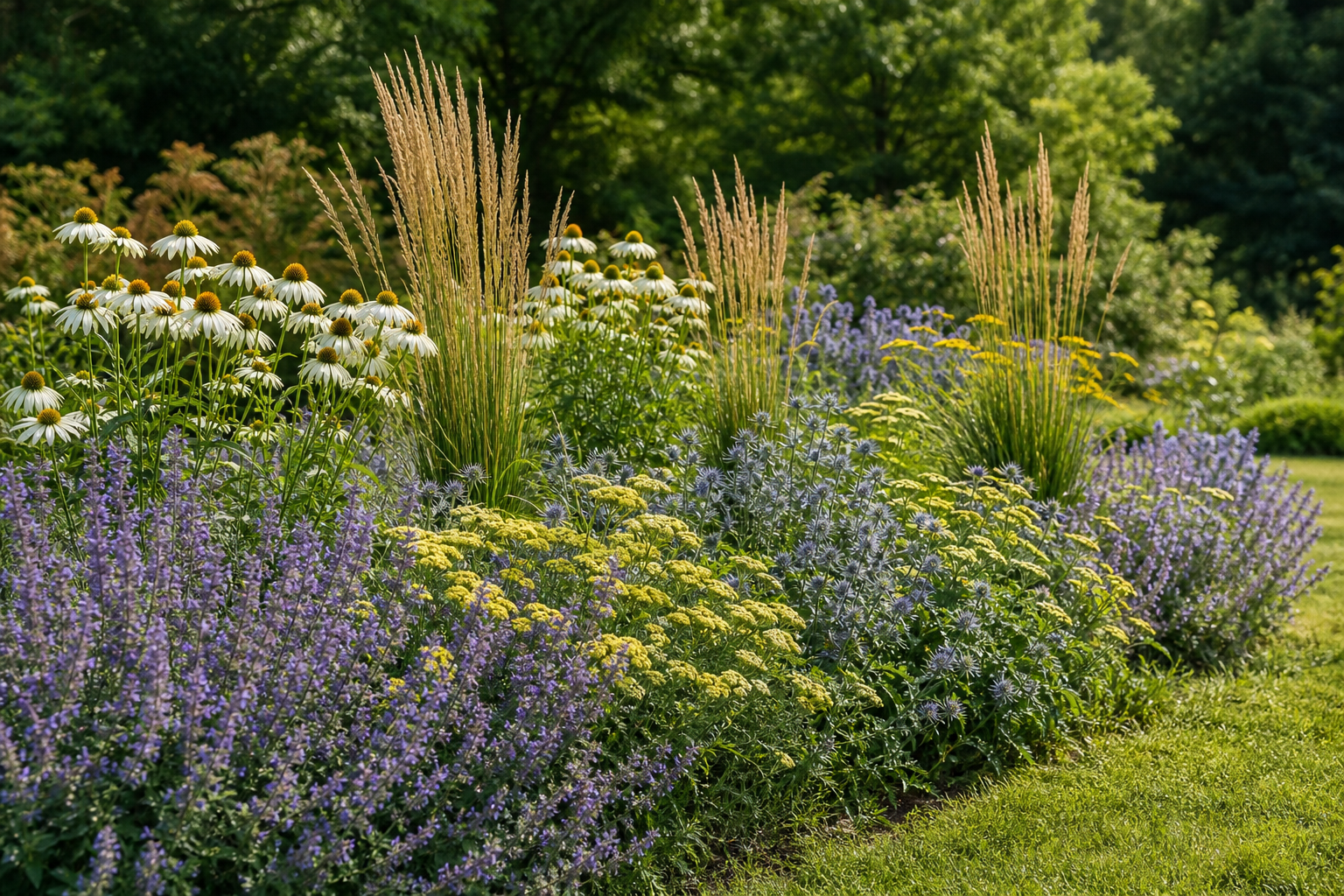 Echinacea purpurea 'Alba', Calamagrostis, Nepeta, Achillea, (Eryngium)